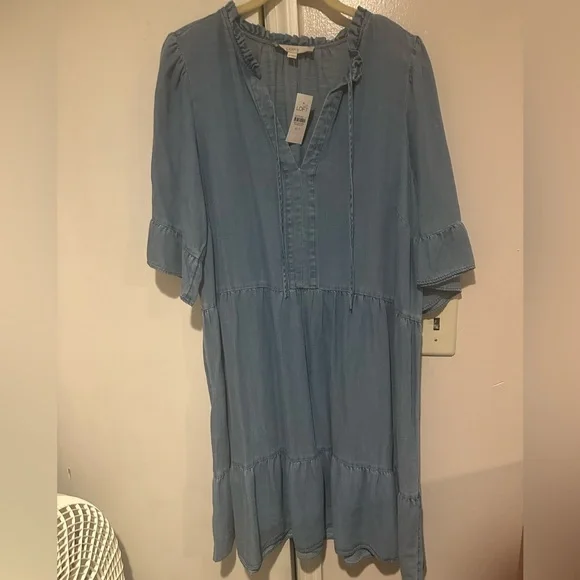 NWT Loft chambray tie neck ruffle sleeve dress - Picture 5 of 6
